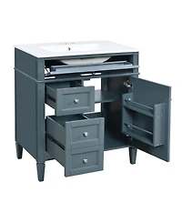 Sillysis Bathroom Vanity with Ceramic Sink, Solid Wood Cabinet, Ample Storage Drawers Adjustable Shelf for Small
