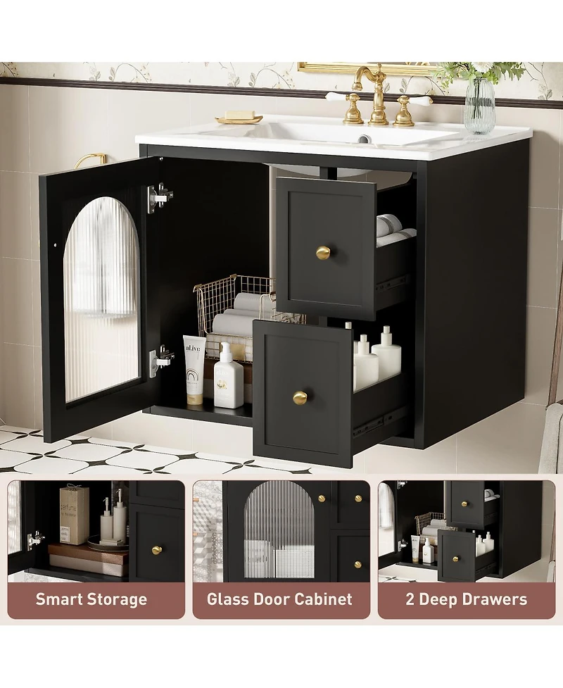 Sillysis 24" Wall Mount Bathroom Vanity with Glass Door, Ceramic Sink & 2 Drawers, Space Saving Storage for Small Bathrooms-Sillysis