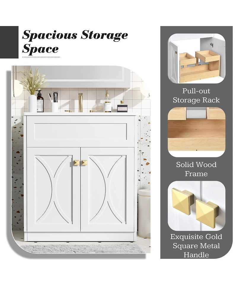 Sillysis 30" Modern Bathroom Vanity with Ceramic Sink, Retractable Rack & Large Storage Cabinet for Small Spaces