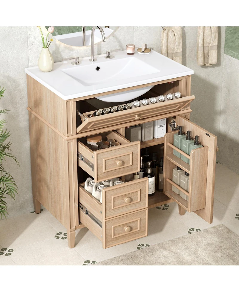 Sillysis 30" Freestanding Bathroom Vanity with Sink & Soft Close Flip Drawer, Solid Wood & Mdf Storage for Modern Bathrooms