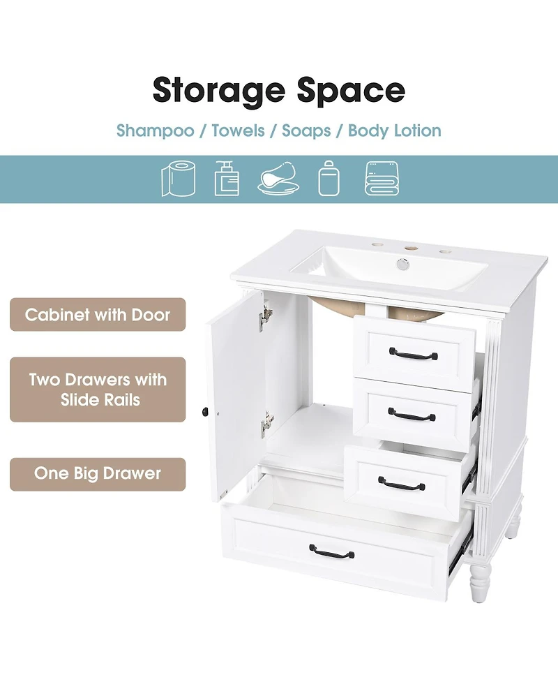 Sillysis 30" Modern Bathroom Vanity with Ceramic Sink, Freestanding Acacia Wood Mdf Cabinet 3 Drawers & Door