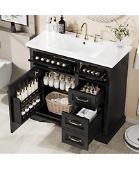 Sillysis 36" Bathroom Vanity with Ceramic Sink, Classic Modern Rubber Wood Cabinet & Ample Drawer Storage for Small Spaces