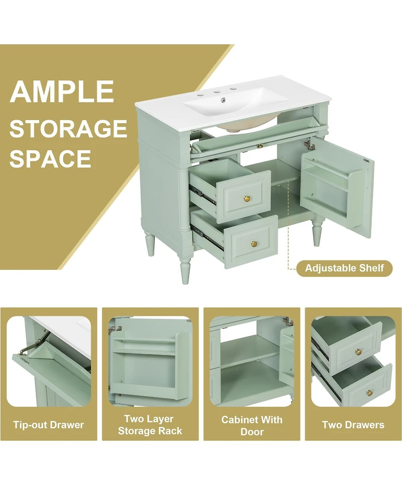 Sillysis 36" Bathroom Vanity with Sink, Solid Wood Cabinet Flip Drawer and Adjustable Shelf, Freestanding Modern Storage