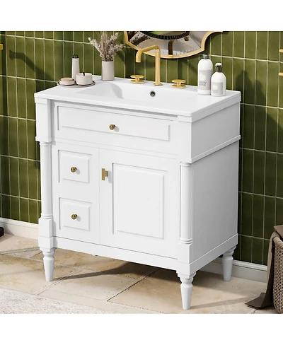 Sillysis 30" Bathroom Vanity with Ceramic Sink, Modern Solid Wood Freestanding Cabinet for Small Spaces