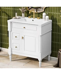 Sillysis 30" Bathroom Vanity with Ceramic Sink, Modern Solid Wood Freestanding Cabinet for Small Spaces