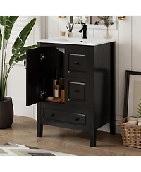 Sillysis 24" Bathroom Vanity with Ceramic Sink, Freestanding Retro Mdf Cabinet, Soft-Close Drawers, Ample Storage for Small Spaces