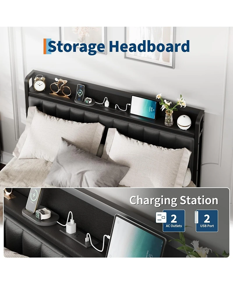 gaomon Queen Bed Frame with Pu Faux Leather & Charging Station, Upholstered Platform Bed with 12" Underbed Storage & Metal Frame