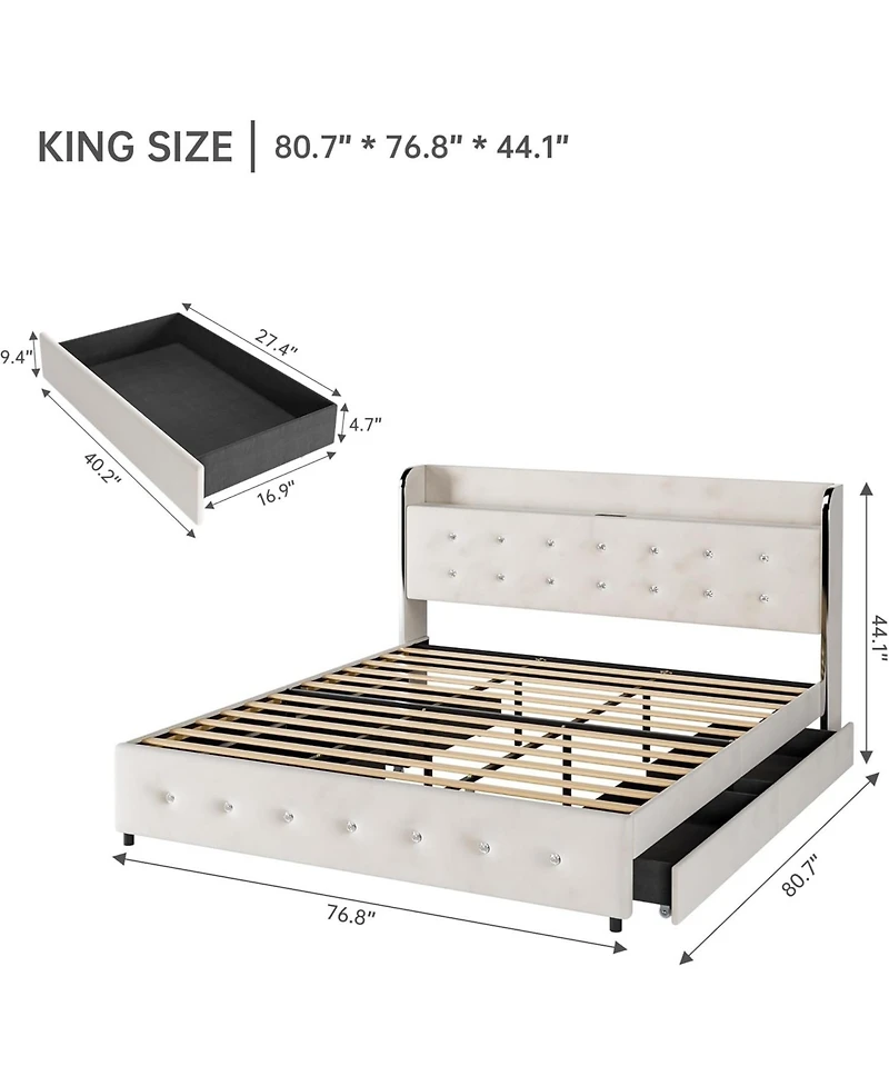 gaomon Bed Frame, Upholstered Bed Frame with 4 Storage Drawers, Platform Bed Frame with Diamond Tufted Headboard