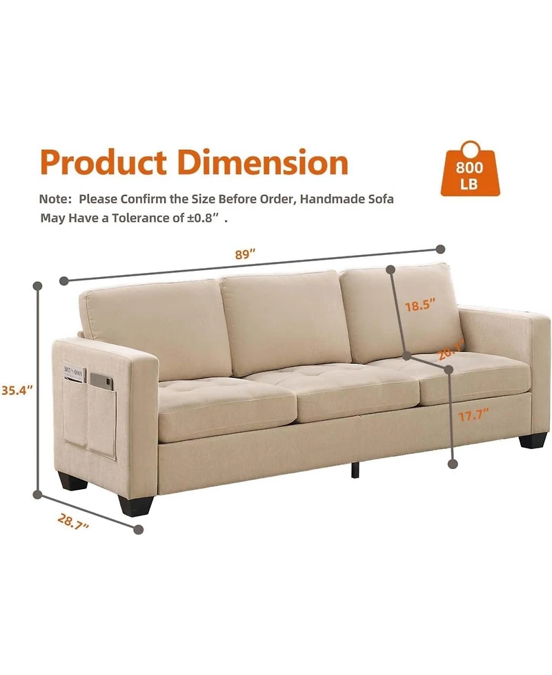 gaomon 3 Seat Sofa Couch, 89'' Chenille Fabric Upholstered Sofa with Wide Armrest and Removable Headrest