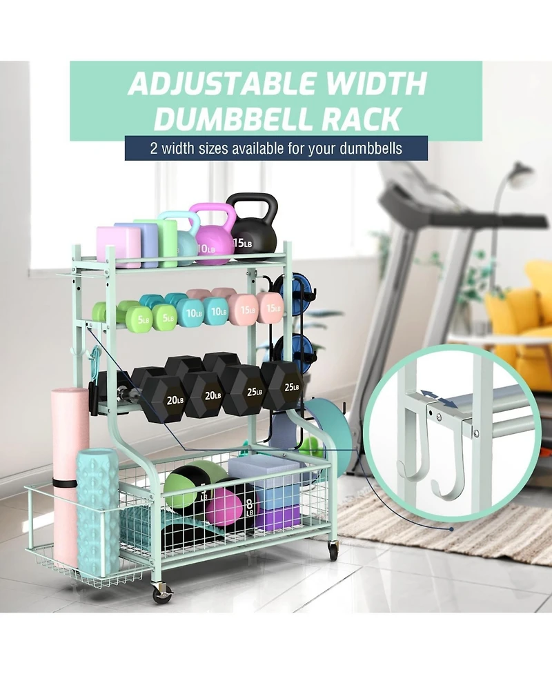 Home Gym Storage for Dumbbells,Yoga Mat and Balls, Adjustable width,All in One Workout Storage with Wheels and Hooks,Steel
