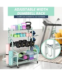 Home Gym Storage for Dumbbells,Yoga Mat and Balls, Adjustable width,All in One Workout Storage with Wheels and Hooks,Steel
