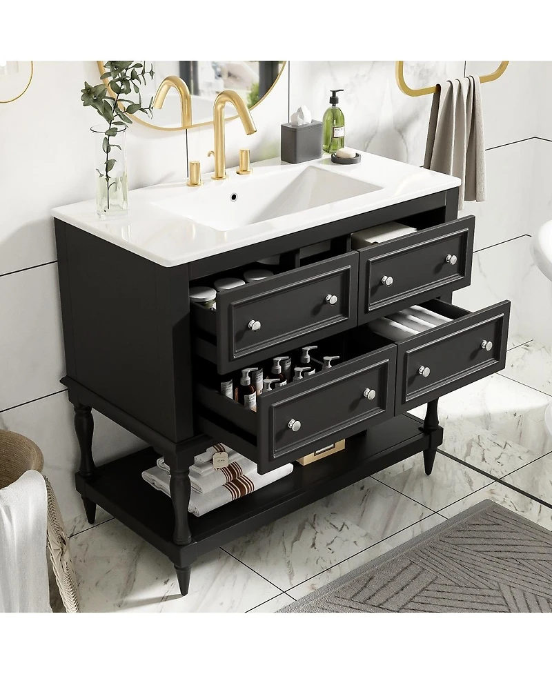 Sillysis 36" Modern Bathroom Vanity with Ceramic Sink, Freestanding Solid Wood Cabinet, 4 Drawers & Storage Shelf