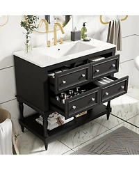 Sillysis 36" Modern Bathroom Vanity with Ceramic Sink, Freestanding Solid Wood Cabinet, 4 Drawers & Storage Shelf
