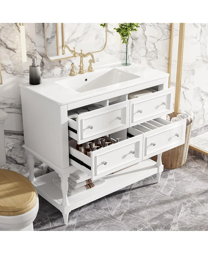 Sillysis 36" Modern Bathroom Vanity with Ceramic Sink, Freestanding Solid Wood Cabinet, 4 Drawers & Storage Shelf