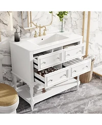 Sillysis 36" Modern Bathroom Vanity with Ceramic Sink, Freestanding Solid Wood Cabinet, 4 Drawers & Storage Shelf