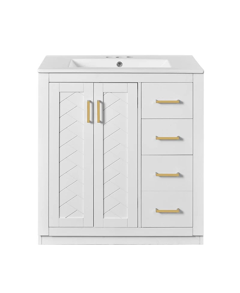 Sillysis 30" Bathroom Vanity with Ceramic Sink, 3 Drawers & Soft Close Doors, Solid Wood Cabinet for Ample Storage