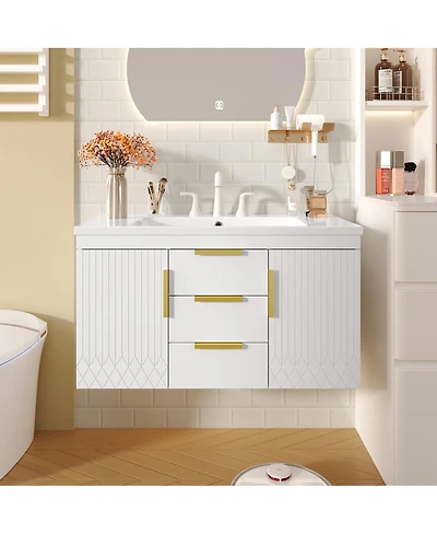 Sillysis 36" Wall Mounted Bathroom Vanity with Resin Sink, Modern Mdf Cabinet, Double Drawers & Storage for Small Bathrooms