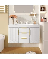 Sillysis 36" Wall Mounted Bathroom Vanity with Resin Sink, Modern Mdf Cabinet, Double Drawers & Storage for Small Bathrooms