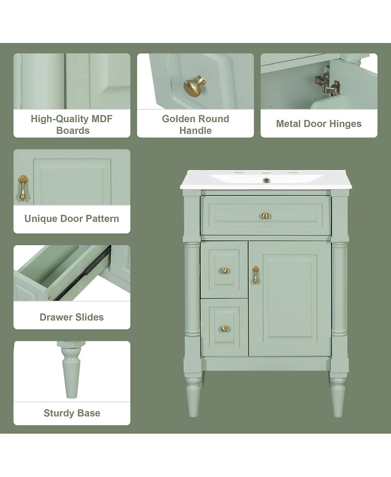 Sillysis 24" Bathroom Vanity with Sink, Solid Wood Cabinet with Flip Drawer and Adjustable Shelf, Freestanding Modern Storage for Small Spaces