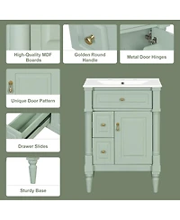 Sillysis 24" Bathroom Vanity with Sink, Solid Wood Cabinet with Flip Drawer and Adjustable Shelf, Freestanding Modern Storage for Small Spaces