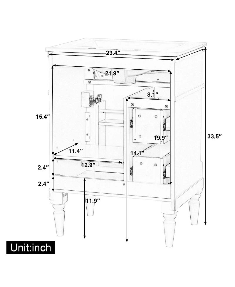 Sillysis 24" Bathroom Vanity with Sink, Solid Wood Cabinet Flip Drawer and Adjustable Shelf, Freestanding Modern Storage for Small Spaces