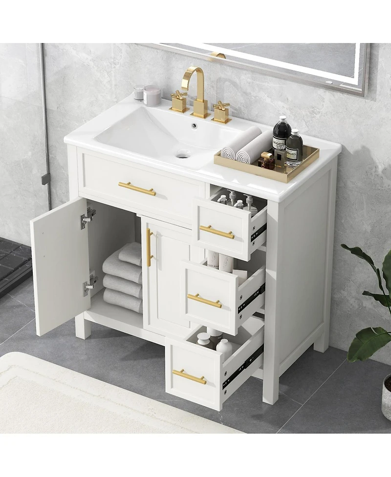 Sillysis 36" Bathroom Vanity with Left Ceramic Sink, Solid Wood & Mdf Cabinet, Ample Storage Drawers, Modern Freestanding