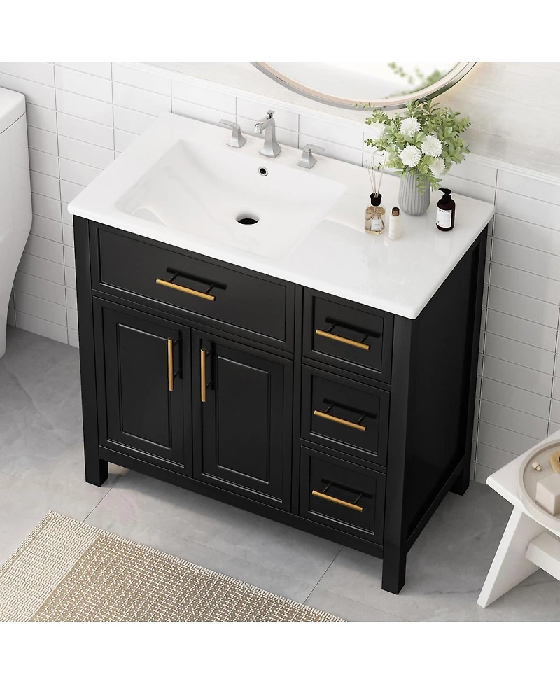 Sillysis 36" Bathroom Vanity with Left Ceramic Sink, Solid Wood & Mdf Cabinet, Ample Storage Drawers, Modern Freestanding
