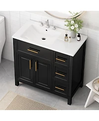 Sillysis 36" Bathroom Vanity with Left Ceramic Sink, Solid Wood & Mdf Cabinet, Ample Storage Drawers, Modern Freestanding