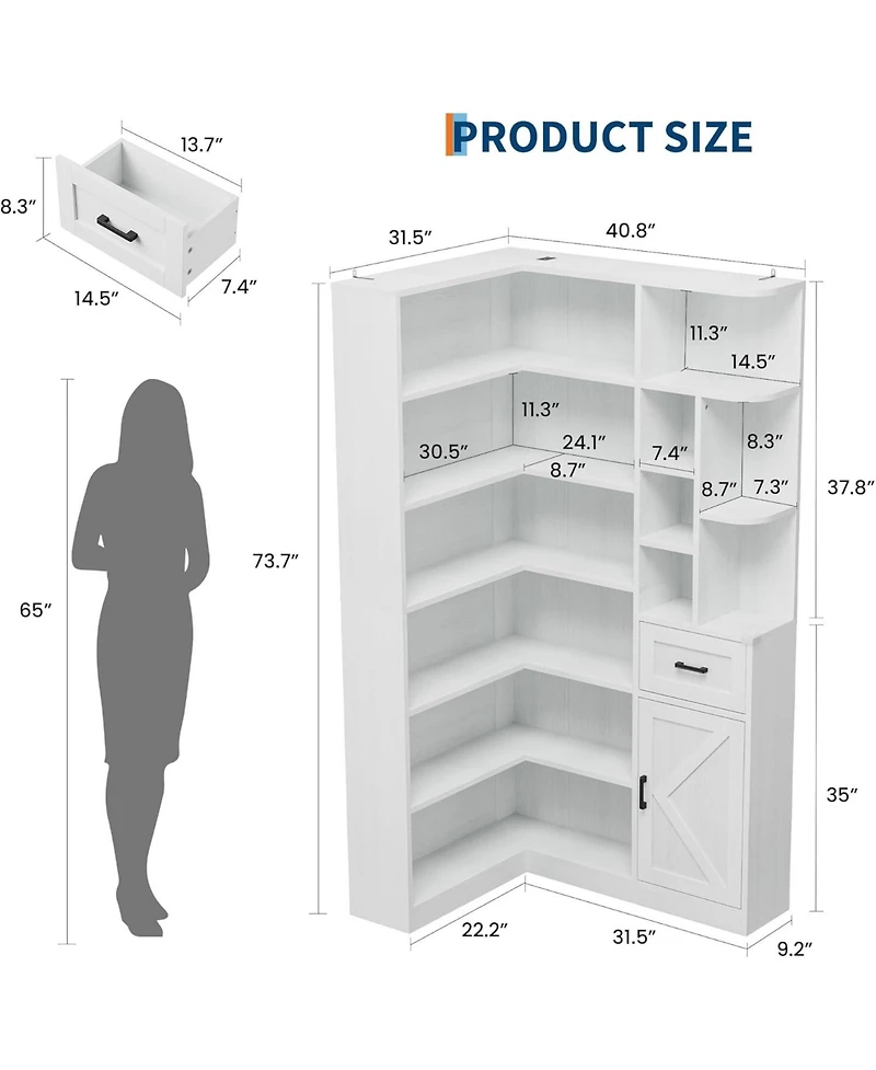 gaomon 74'' Tall Corner Bookshelf - 6-Tier Book Shelf with Drawer and Cabinets, l-Shaped Bookcase Open Storage Shelves Modern Display Shelf for Home