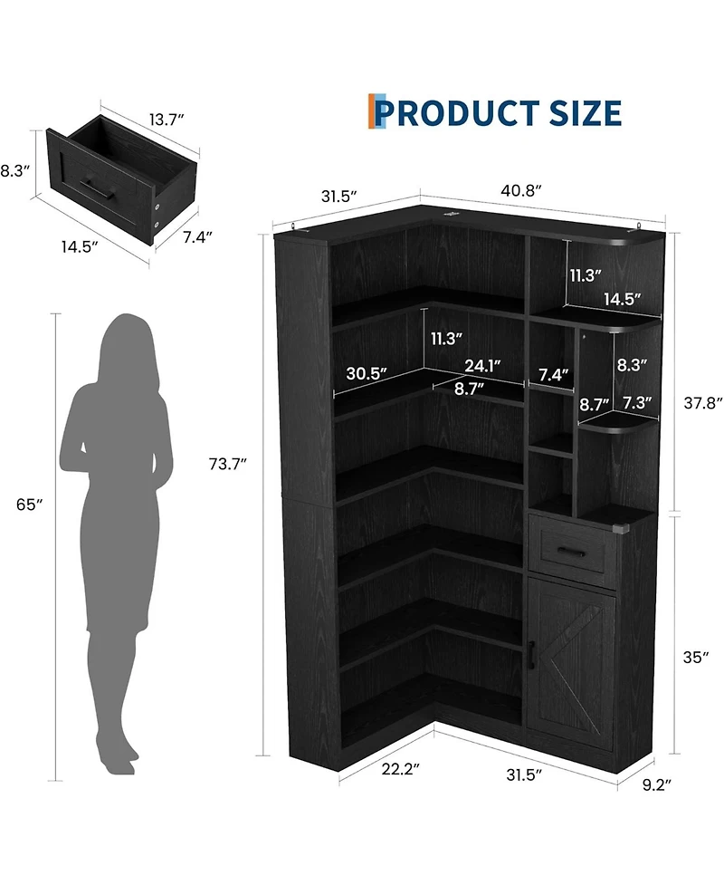 gaomon 74'' Tall Corner Bookshelf - 6-Tier Book Shelf with Drawer and Cabinets, l-Shaped Bookcase Open Storage Shelves Modern Display for Home
