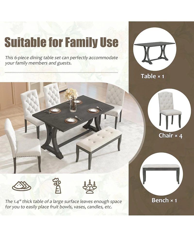 Streamdale Furniture 6-Piece Farmhouse Dining Table Set with Upholstered Chairs & Bench