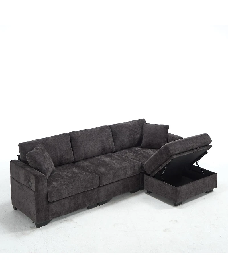 Streamdale Furniture Modern Storage Sofa with Dual Usb, 2 Side Pockets, Ottoman Storage Bench