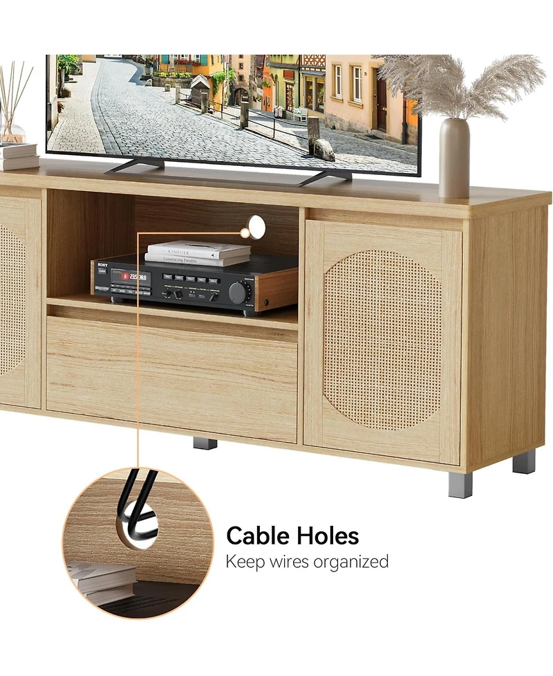 gaomon Rattan Tv Stand for 70 Inch Tv, Boho Tv Entertainment Center, Wooden Tv Console with Drawer and 2 Cabinets, Media Console Cabinet