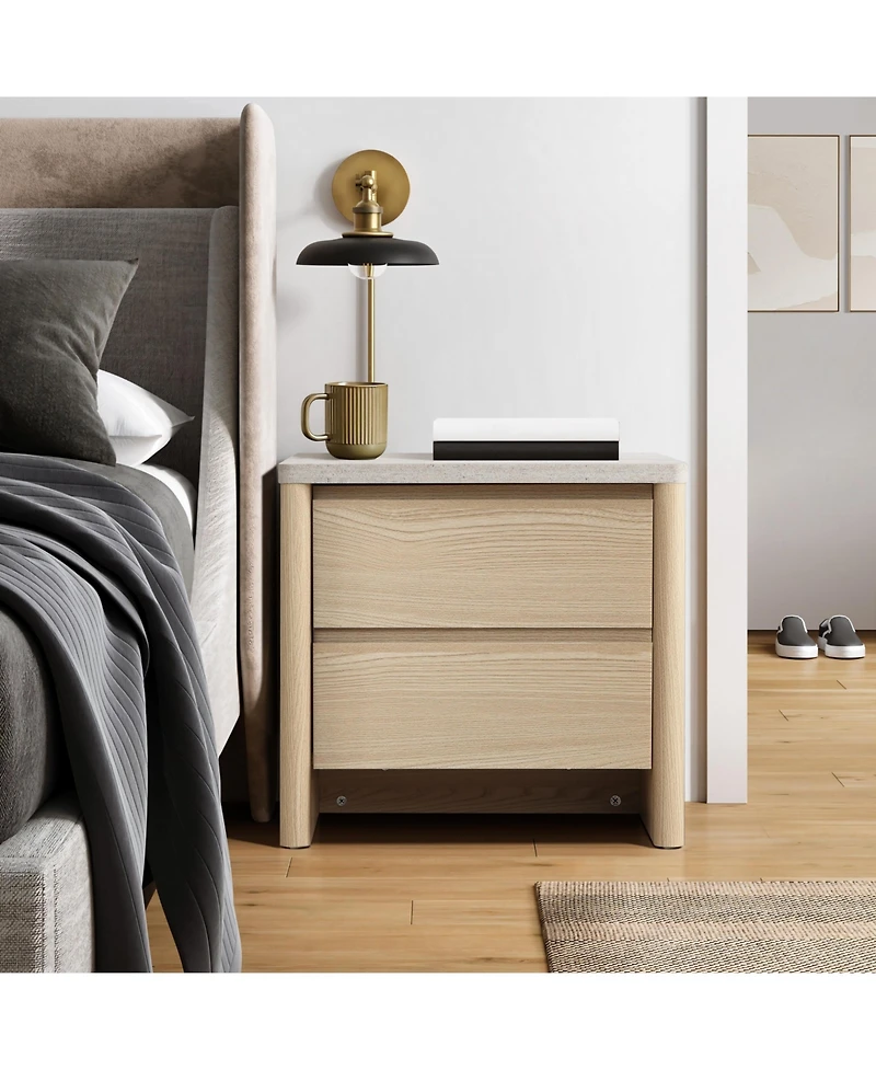 LuxenHome Snowy Oak Nightstand & End Table with 2 Drawers, Faux Travertine Top, Durable Manufactured Wood