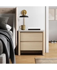 LuxenHome Snowy Oak Nightstand & End Table with 2 Drawers, Faux Travertine Top, Durable Manufactured Wood