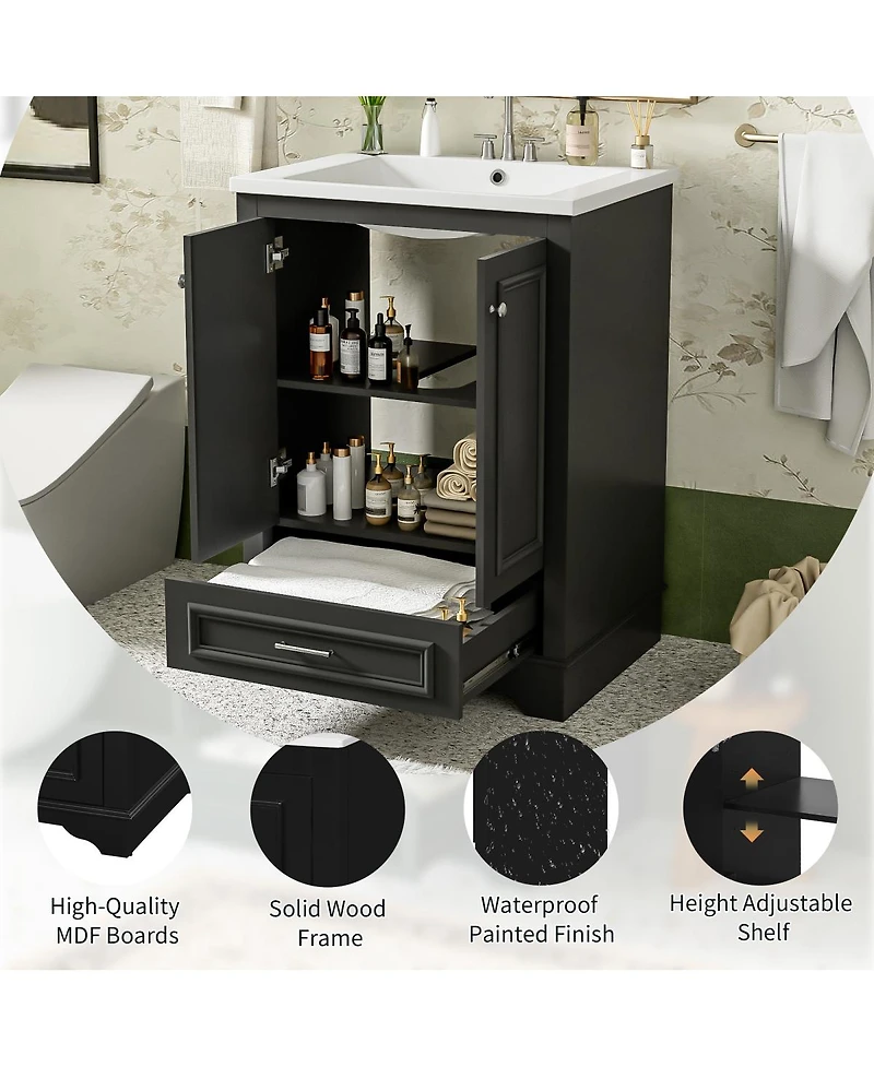 Sillysis 24" Bathroom Vanity with Ceramic Sink, Modern Freestanding Cabinet Drawer & Soft Closing Doors, Solid Wood Mdf Storage