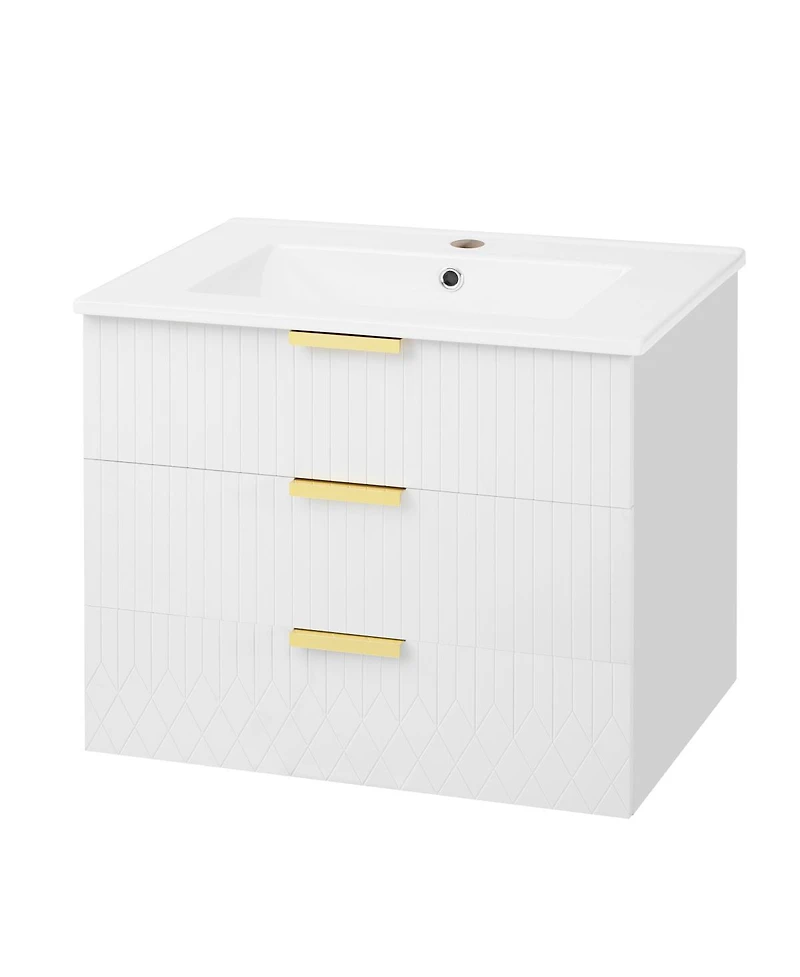 Sillysis 24"Wall Mounted Bathroom Vanity with Ceramic Sink & Double Drawers, Stripe Design for Small Bathrooms