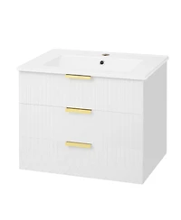 Sillysis 24"Wall Mounted Bathroom Vanity with Ceramic Sink & Double Drawers, Stripe Design for Small Bathrooms