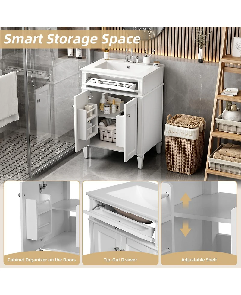 Sillysis 24" Modern Bathroom Vanity with Ceramic Sink, Soft Close Doors & Adjustable Storage Shelf for Small Spaces