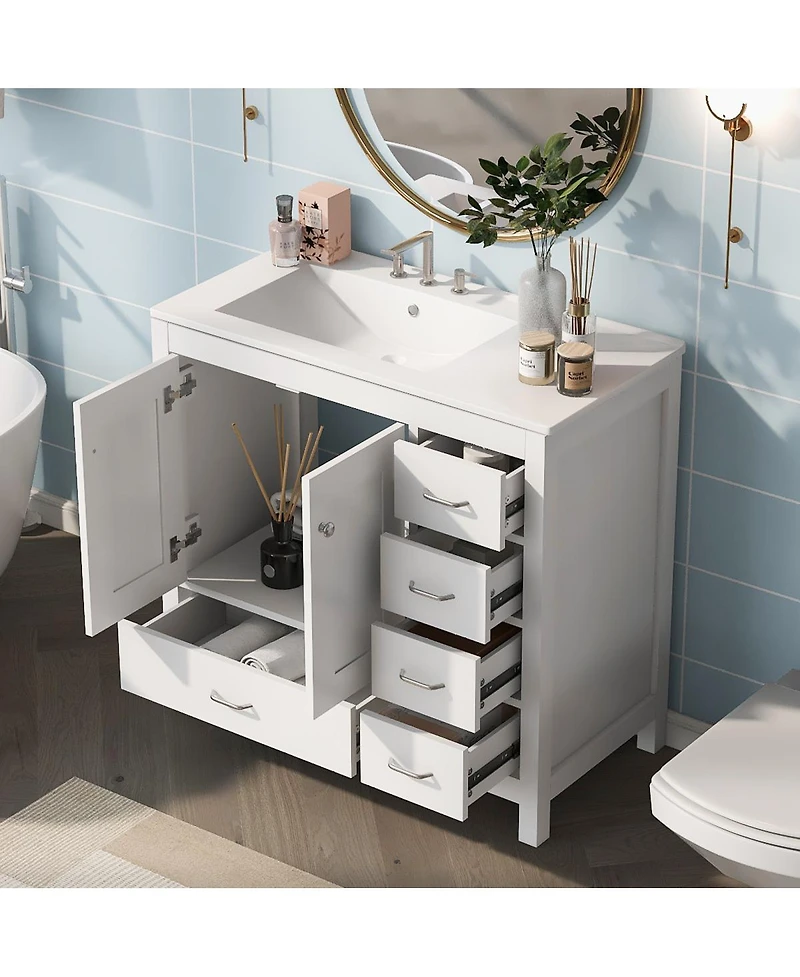 Sillysis 36" Bathroom Vanity with Sink, Solid Wood Cabinet & 5 Drawers Storage, Modern Freestanding Bath Cabinet for Small Spaces