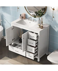 Sillysis 36" Bathroom Vanity with Sink, Solid Wood Cabinet & 5 Drawers Storage, Modern Freestanding Bath Cabinet for Small Spaces