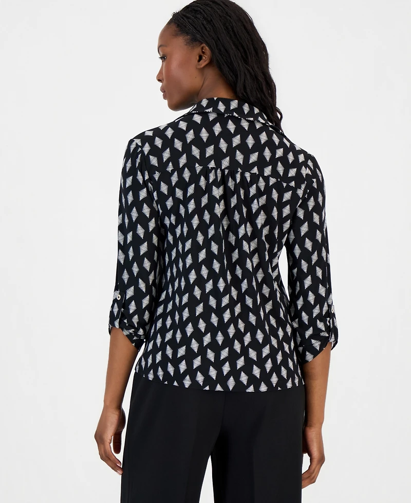 Anne Klein Essentials Petite Printed Collared 3/4-Sleeve Top