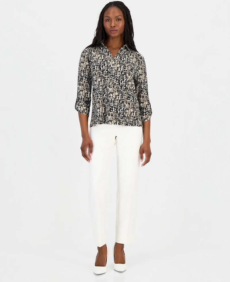 Anne Klein Essentials Petite Printed Collared 3/4-Sleeve Top