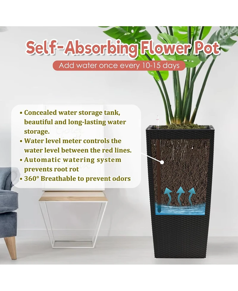 Streamdale Furniture 30" Tall Large Self-Watering Planter with Inner Tray & Water Level Monitor, Black
