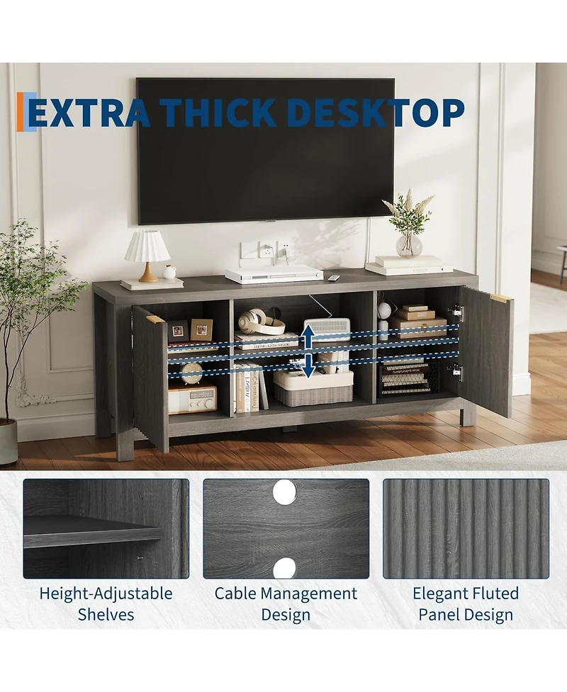 gaomon 65" Fluted Tv Stand - Modern Entertainment Center w/ 2 Storage Cabinets & Open Shelves, Heavy-Duty Console