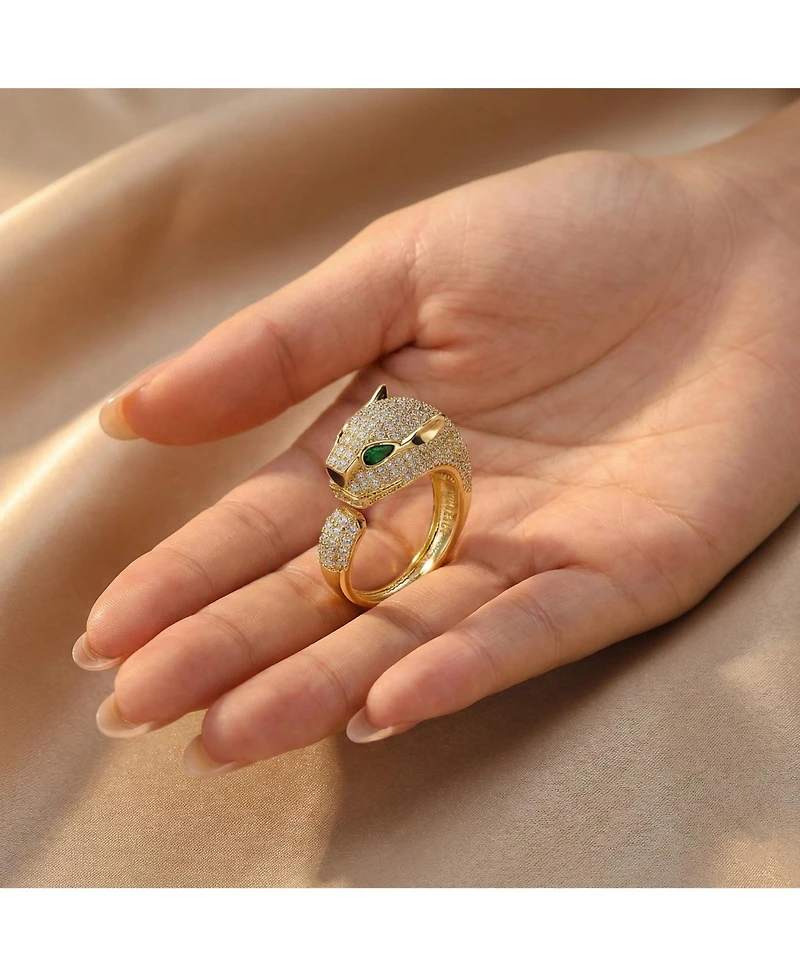 Rachel Glauber Panther Head with Green & Clear Cubic Zirconia Open Band Ring