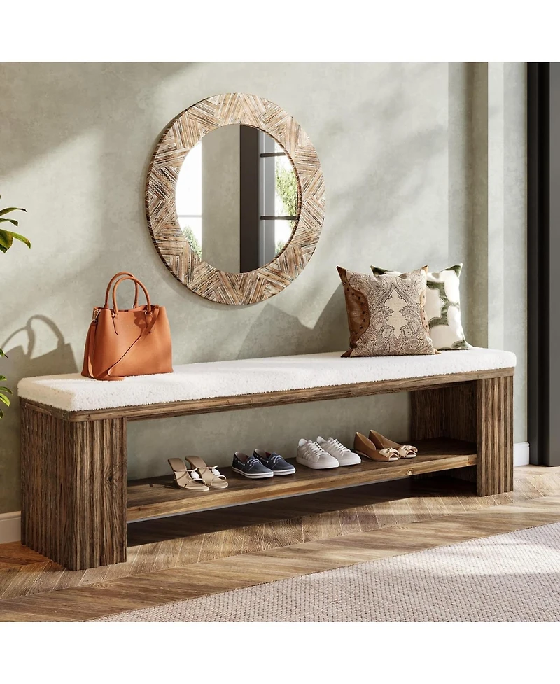 Tribesigns 63" Solid Wood Dining Bench, Farmhouse Upholstered End of Bed Bench with Removable Faux Lambswool Cushion,Indoor Long Entryway Bench