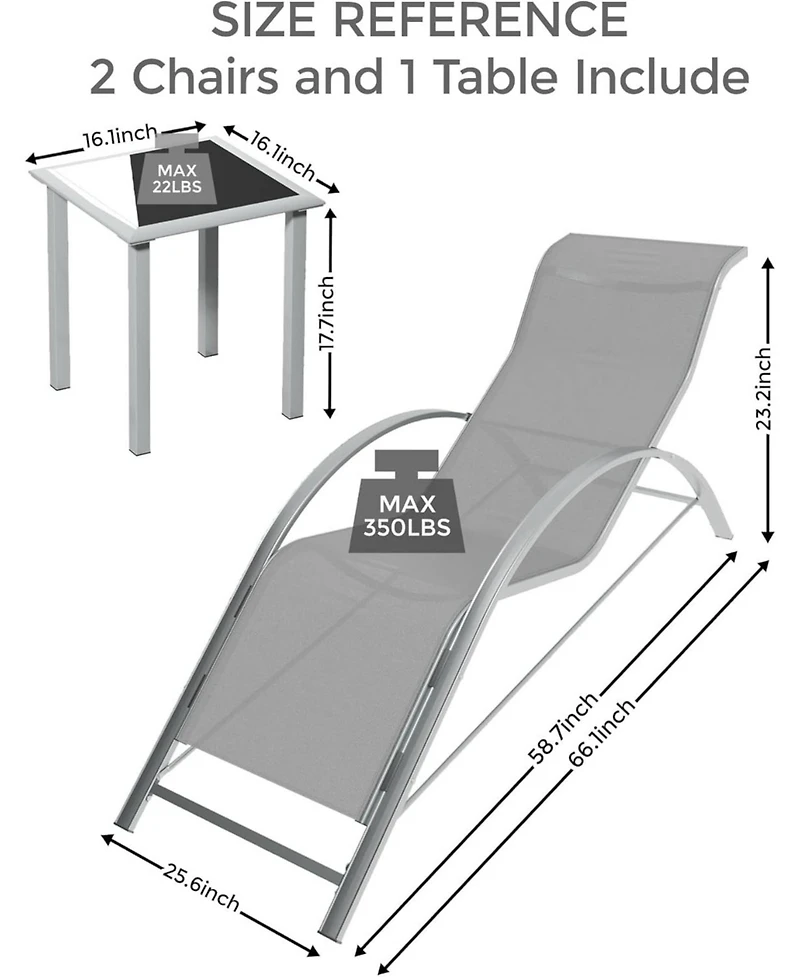 Gaomon Outdoor Chaise Lounge Chairs Set of 3, Heavy-Duty Sunbathing Loungers for Poolside, Backyard