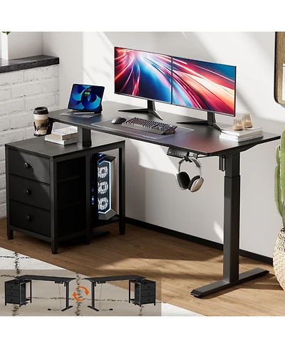 Homlux 55x24" Sit-Stand Desk Height Adjustable Computer with 2 Hooks, Storage Drawers, Printer Cabinet