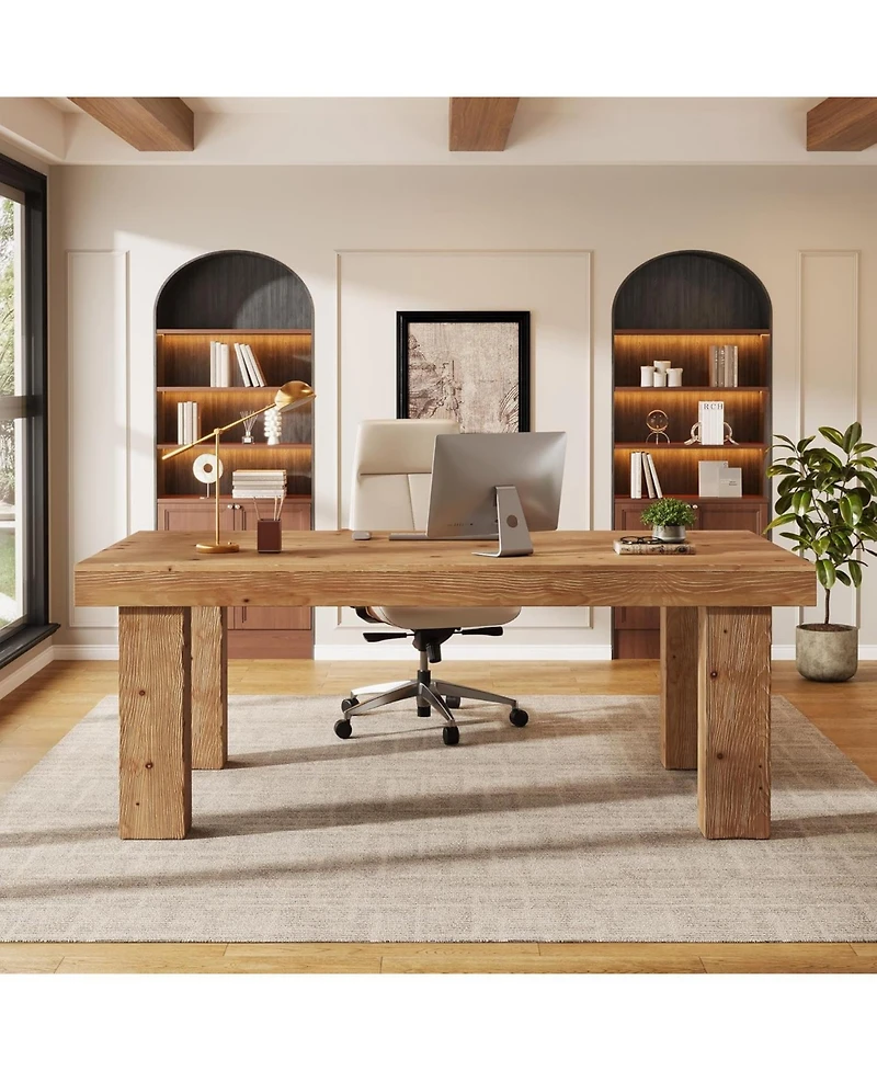 Tribesigns Solid Wood Executive Desk, Home Office Computer Desk with Sturdy Wooden Legs, Farmhouse Simple Writing Study Table
